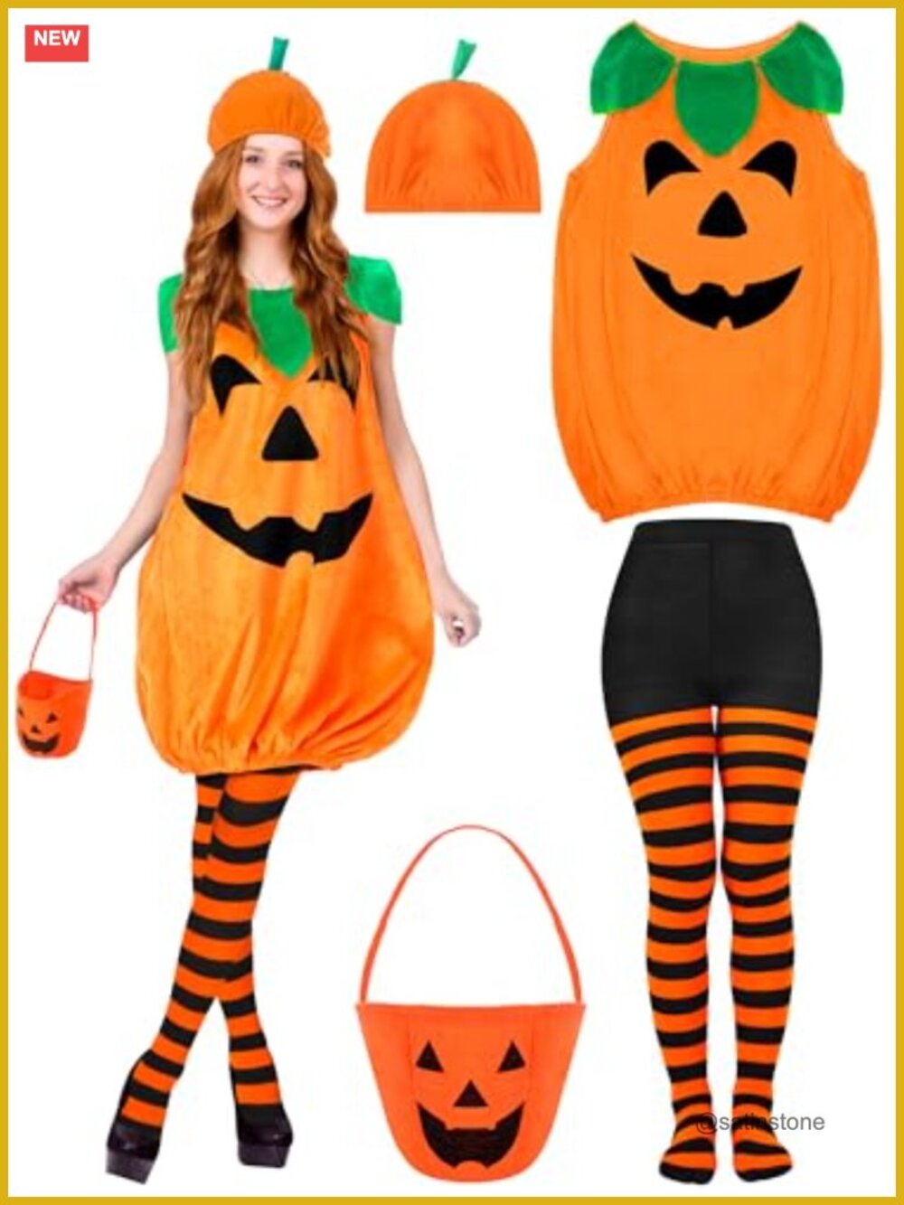 4 Pc Halloween Pumpkin Costume Set Sleeveless Dress Hat Tights Bag
